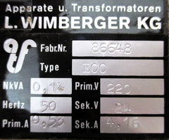 Wimberger E00 Transformator  pri 220 V sek 24 V 4,16 A 130 VA T9/618