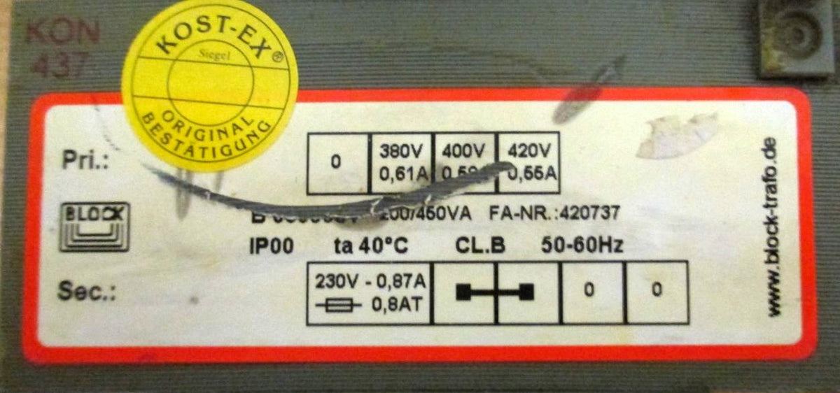 Block B 0009034 FA-Nr. 420737 Transformator  pri 380,400,420V sec230V  T9/62