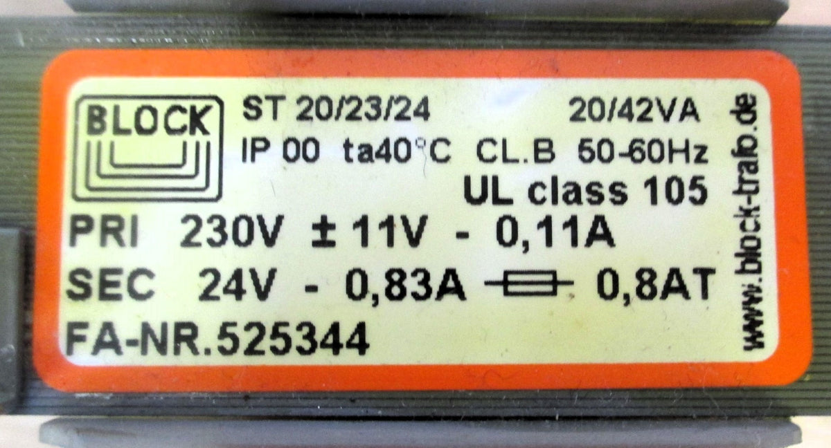 Block ST 20/23/24 Trafo  pri 230V 241V 219V sek 24V 0,83A 20/42VA  AC T9/702