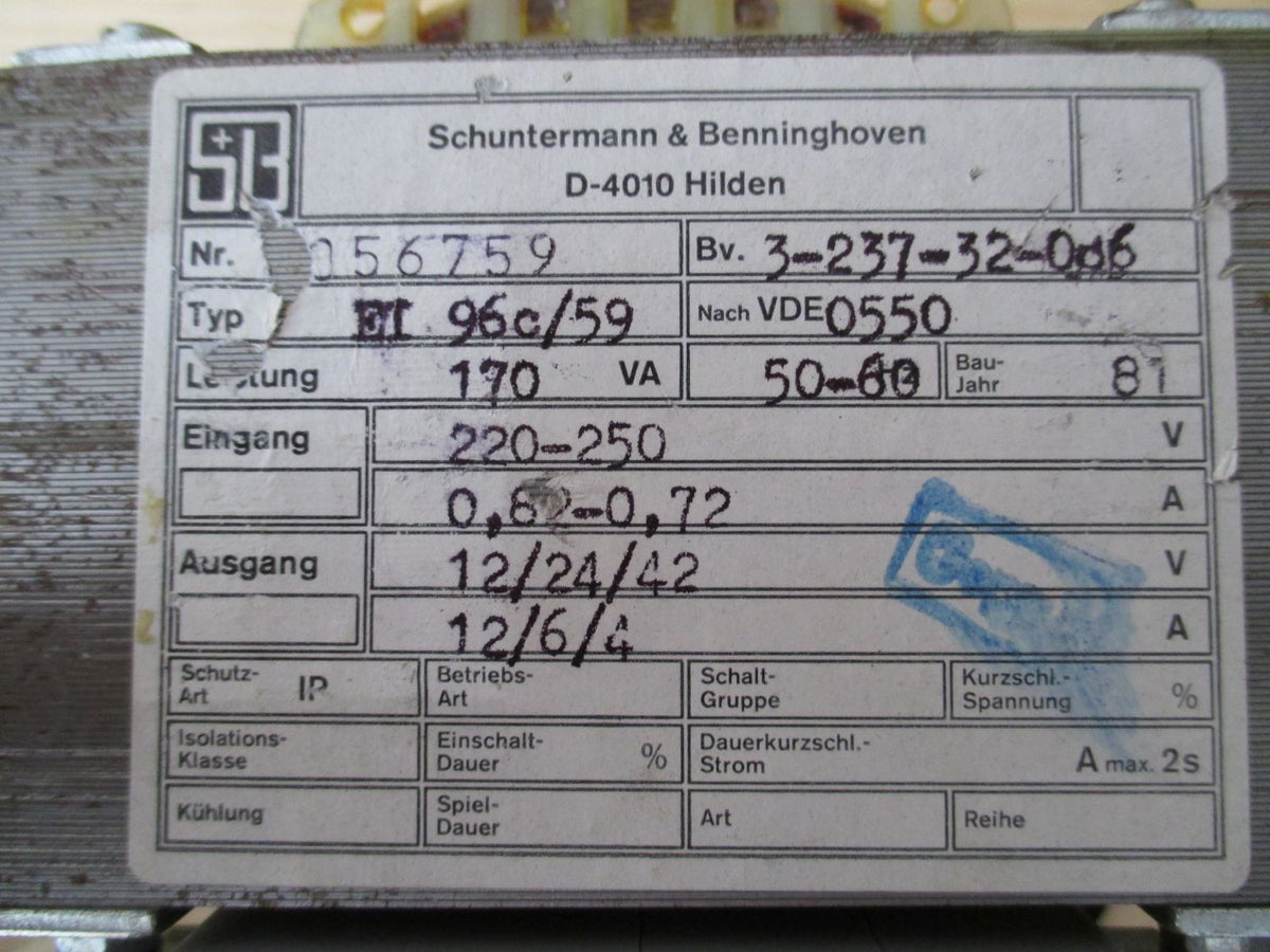 Trafo S+B EI96c/59 pri 220-250 V sek 12 24 42 V 12 6 4 A 170 VA KOST-EX T9/823