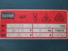 Ismet Transformator IST pri 500 V ± 5% sek 220 V 1,82 A 0,4 kVA KOST-EX T9/824