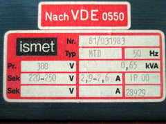 Ismet MTD Trafo  pri 380 V sek 220 - 250 V 2,9 -2,6 A 650 VA T9/840