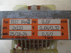 Trafo TEST 84 A pri 2 x 110 V sek. 25 / 18 - 24 V 0,07 kVA KOST-EX T9/854 