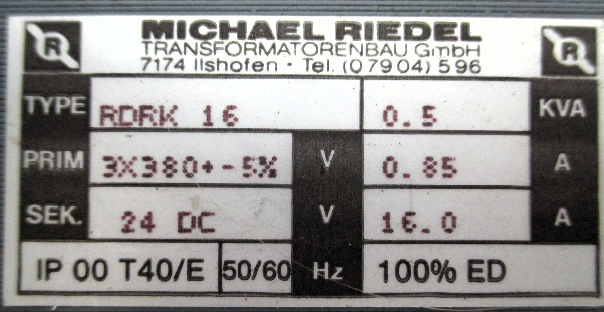 Riedl RDRK 16  Trafo  pri. 3x380 V +/- 5%  sek. 24 V DC  500 VA  T9/946