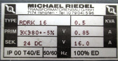 Riedl RDRK 16  Trafo  pri. 3x380 V +/- 5%  sek. 24 V DC  500 VA  T9/946