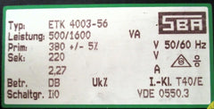 SBA ETK 4003-56 Trafo  pri.380V +/- 5%  sek.220V  500/1600 VA T9/964