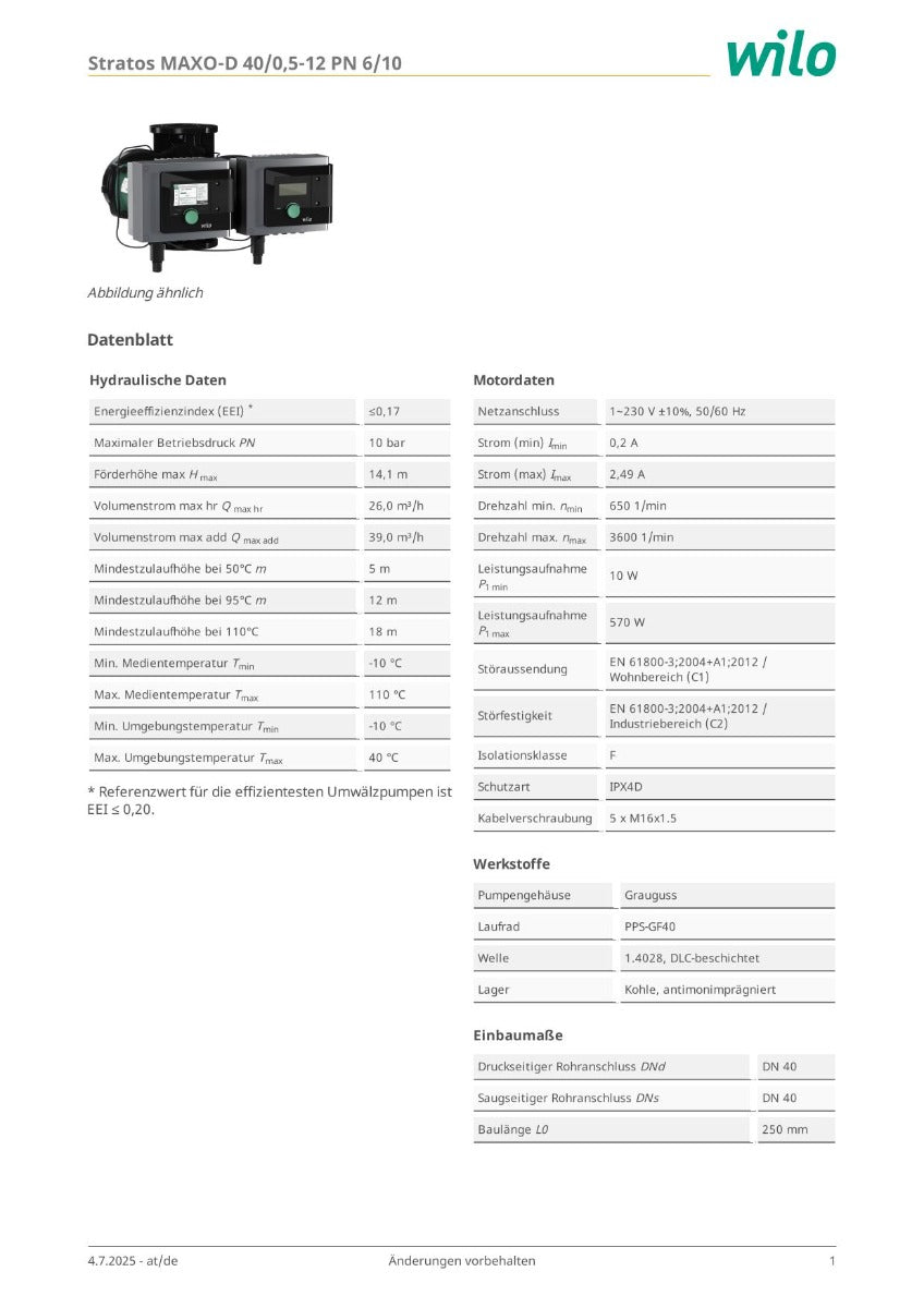 Wilo Stratos MAXO-D 40/0,5-12 (DE) Heizungspumpe 230V PN 6/10 – Umwälzpumpe Artnr. 2186227 für Heizsysteme P25/17