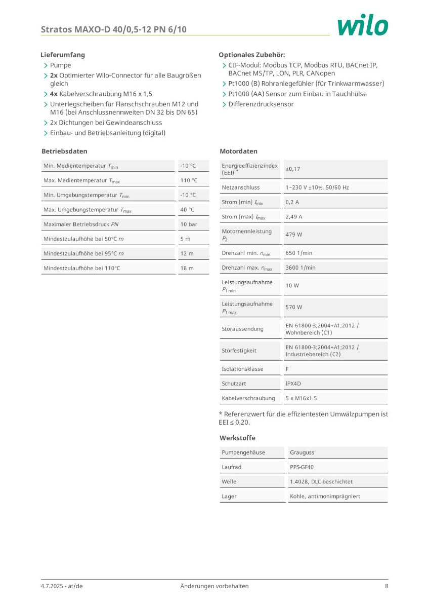 Wilo Stratos MAXO-D 40/0,5-12 (DE) Heizungspumpe 230V PN 6/10 – Umwälzpumpe Artnr. 2186227 für Heizsysteme P25/17