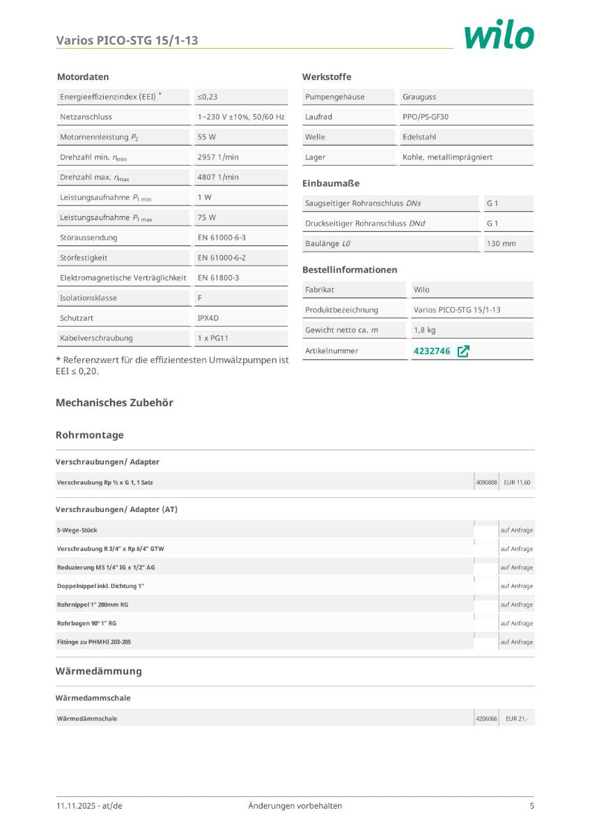 Wilo Varios PICO STG 15/1-13 130 vielseitigste Austauschpumpe 1x230V Umwälzpumpe PK25/335