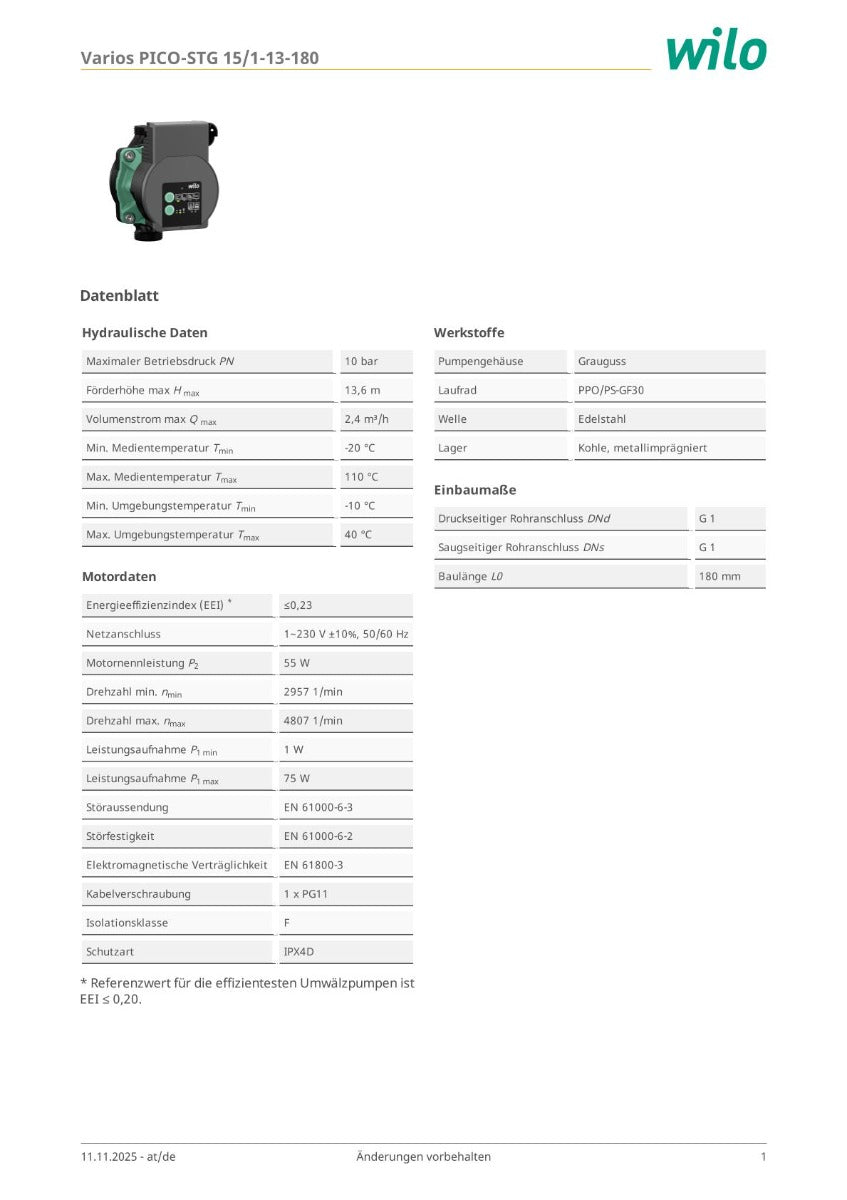 Wilo Varios PICO STG 15/1-13 180 vielseitigste Austauschpumpe 1x230V Umwälzpumpe PK25/336