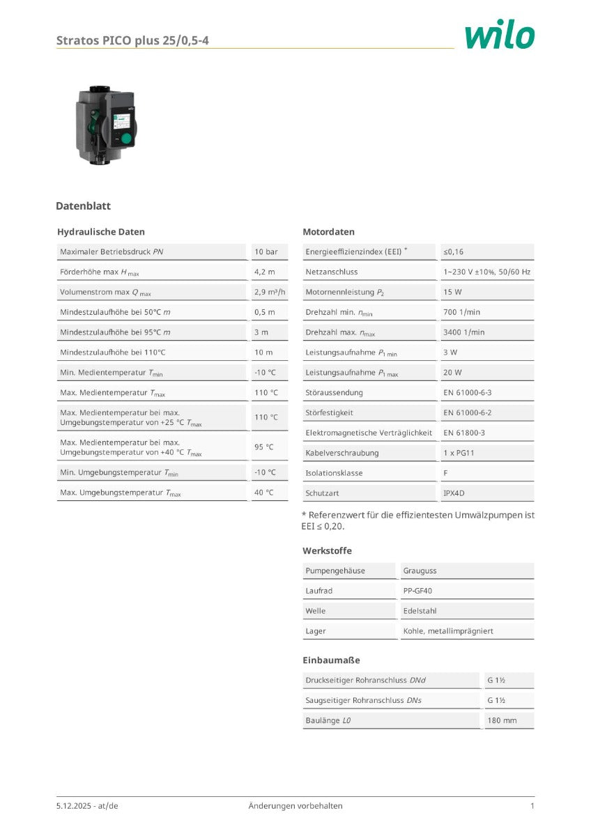 Wilo Stratos PICO Plus 25/0,5-4 Energiesparpumpe 1x230V Heizungspumpe 180mm P25/54