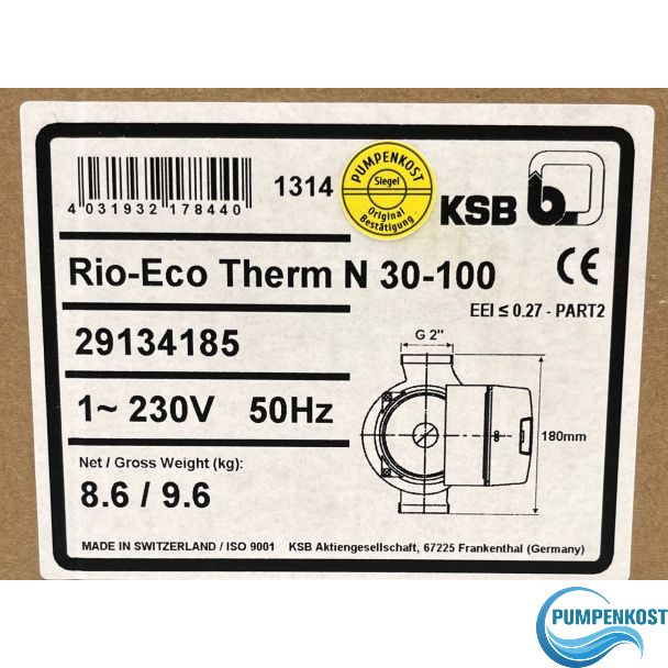 KSB Rio-Eco Therm N 30 - 100 Brauchwasser Energiesparpumpe 1 x 230 V P14/576