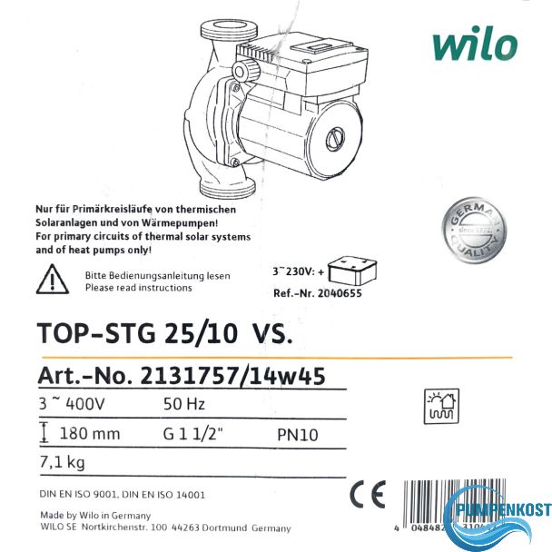Wilo TOP-STG 25/1-10 3x400V Solarpumpe Heizung TOP-S 25 P23/12