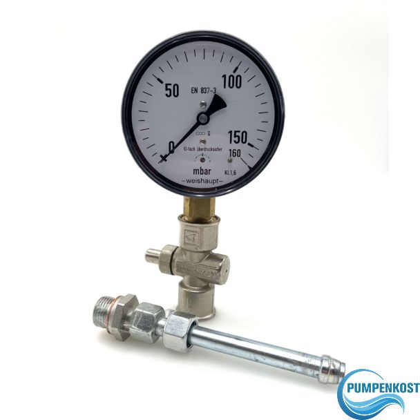 Weishaupt Druckmanometer 160 mbar mit Manometerhahn & Adapterstück – EN 837-3 | S10/26