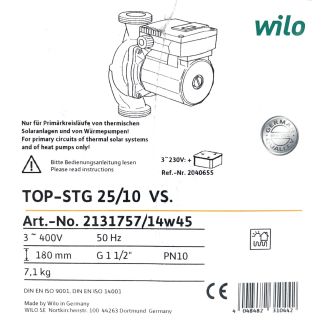 Wilo TOP-STG 25/1-10 3x400V Solarpumpe Heizung TOP-S 25 P23/12